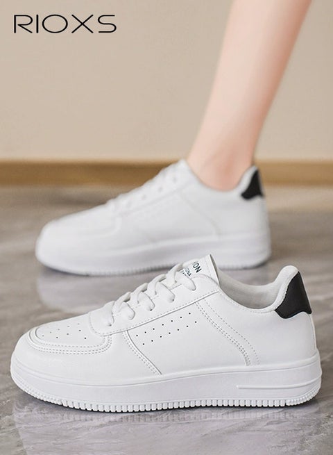 Women's Classic White Sneakers, Casual Lightweight Leather Platform Sneakers, Breathable Sports Shoes Comfortable Walking Shoes for Ladies, Trendy Low Top Sneakers Versatile Leisure Shoes Tennis Shoes for Shopping Work Travel and Daily Wear, White&Black